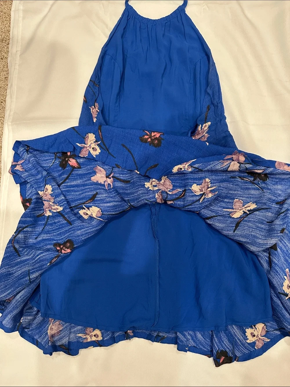 Free People Cobalt Blue Floral High-Neck Halter Mini Dress, size 8